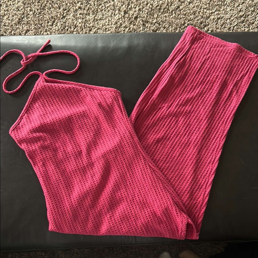 Pink Ribbed Sleeveless Halter Maxi Dress